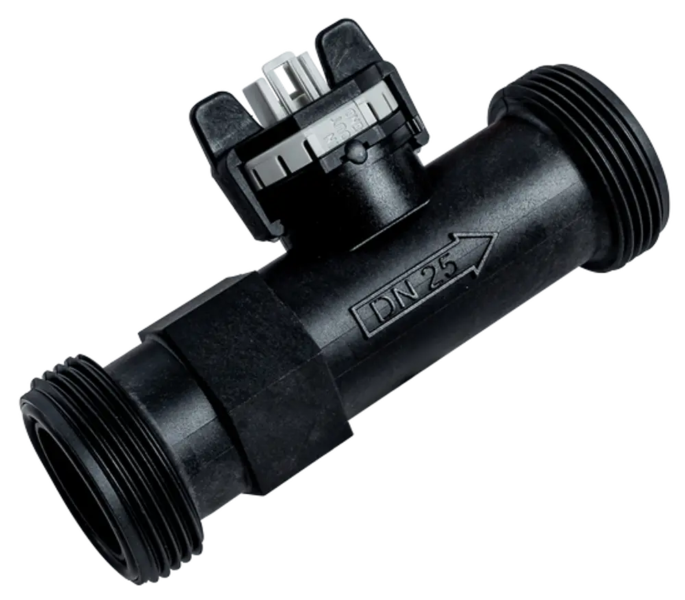 Durchflusssensor mit zwei gewindekonfektionierten Anschlüssen. Das Produkt gehört zur Marke Wolf und misst den Wasserfluss in Heizsystemen.